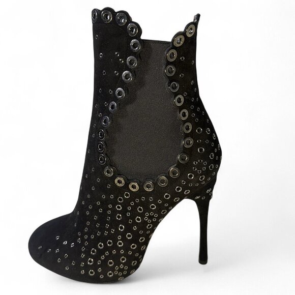 Alaia Women's Grommet Embellished Black Suede Mid Ankle Booties Size EU 37 NWOT - Picture 2 of 16